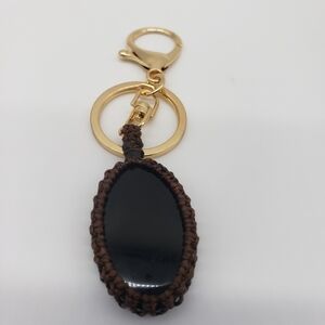 1297- Macrame Obsidian Natural Stone Keychain Handmade NWT